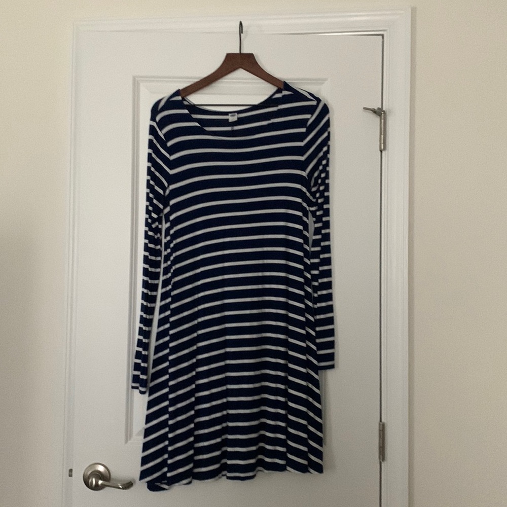 Old Navy - Navy Blue and White - Horizontal Striped- Long Sleeved Dress